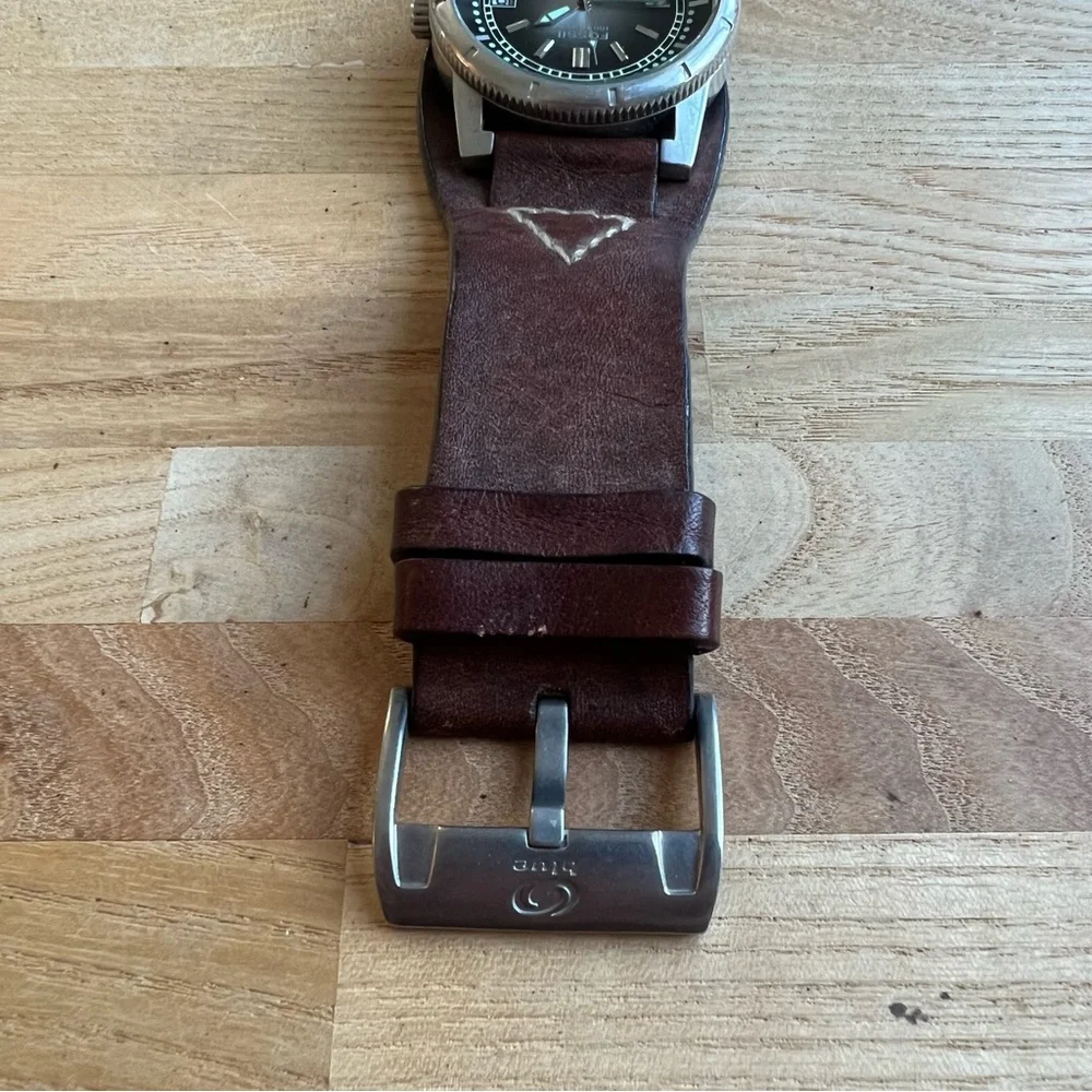 Fossil Blue mens black dial brown leather watch NEW BATTERY